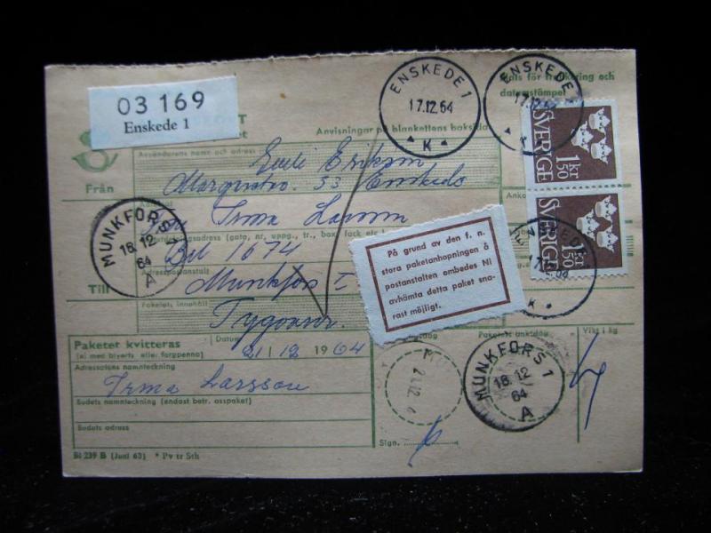 Adresskort med stämplade frimärken - 1964 - Enskede till Munkfors