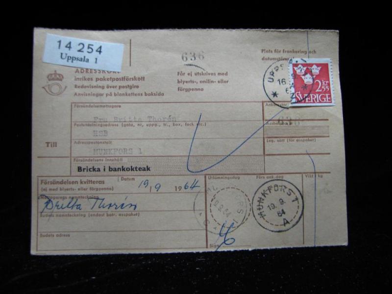Adresskort med stämplat frimärke - 1964 - Uppsala till Munkfors