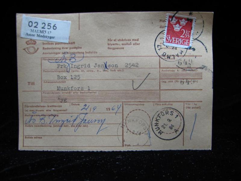 Adresskort med stämplade frimärken - 1964 - Malmö till Munkfors