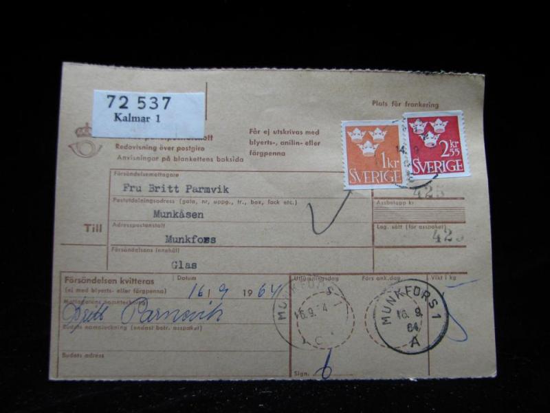Adresskort med stämplade frimärken - 1964 - Kalmar till Munkfors