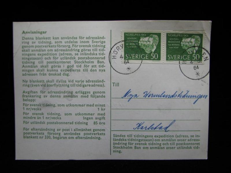 Adressändringskort med stämplade frimärken Hörviken - 1964 