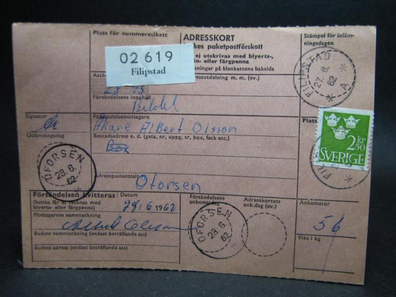 Adresskort med stämplade frimärken - 1962 - Filipstad till Oforsen