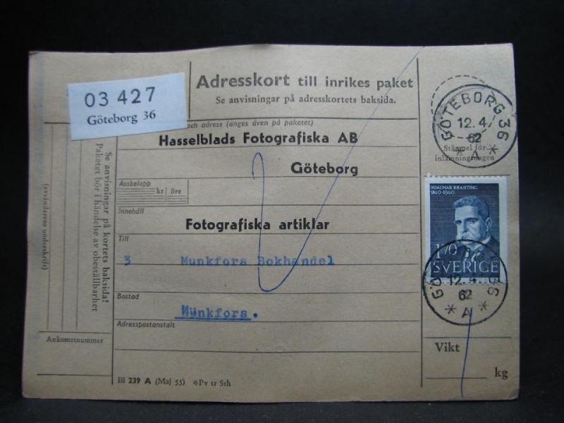 Adresskort med stämplade frimärken - 1962 - Göteborg till Munkfors