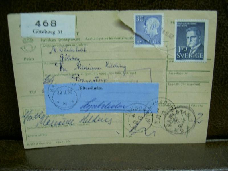 Eftersändning + Paketavi med stämplade frimärken - 1962 - Göteborg 51 till Karlstad