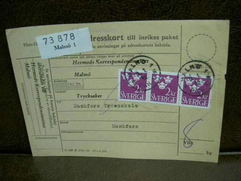 Paketavi med stämplade frimärken - 1962 - Malmö 1 till Munkfors 1