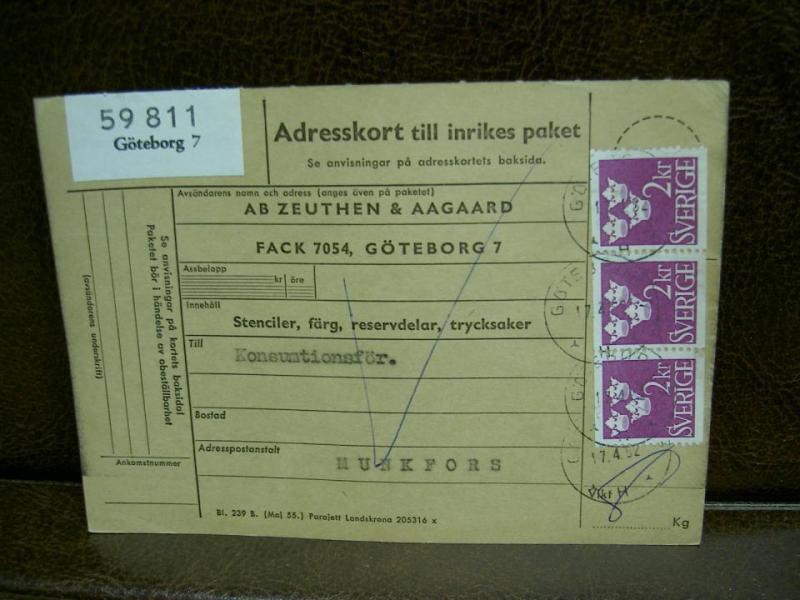 Paketavi med stämplade frimärken - 1962 - Göteborg 7 till Munkfors 