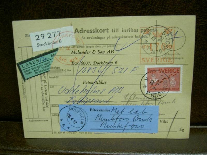 Lösen + eftersändning + Paketavi med stämplade frimärken - 1962 - Stockholm 6 till Munkfors 