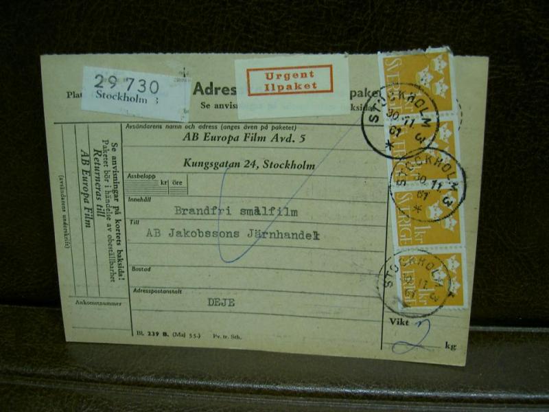 Ilpaket + Paketavi med stämplade frimärken - 1961 - Stockholm 3 till Deje  