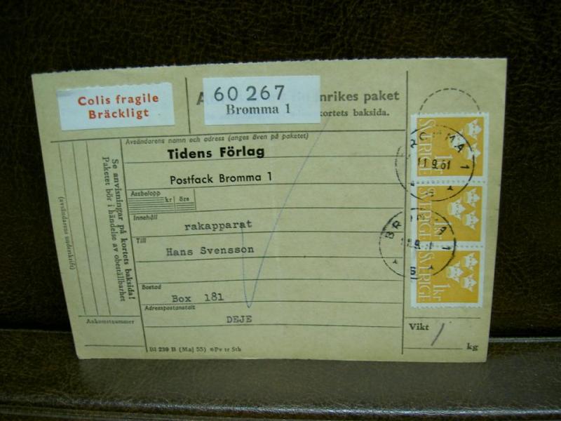 Bräckligt + Paketavi med stämplade frimärken - 1961 - Bromma 1 till Deje  