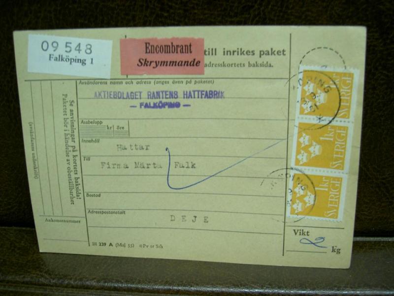 Skrymmande + Paketavi med stämplade frimärken - 1961 - Falköping 1 till Deje  