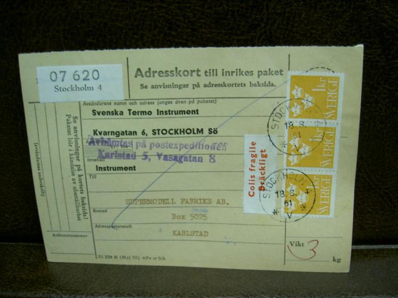 Bräckligt + Paketavi med stämplade frimärken - 1961 - Stockholm 4 till Karlstad  