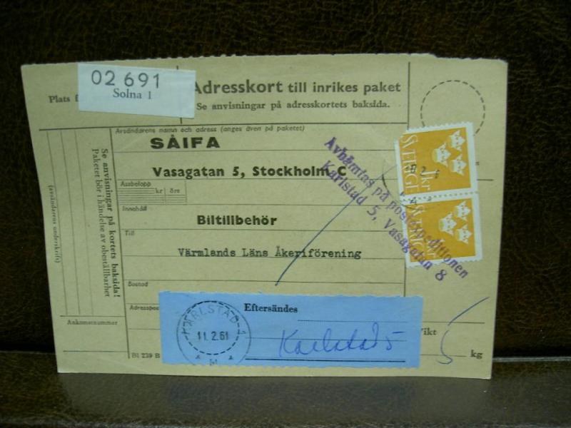 Paketavi med stämplade frimärken - 1961 - Solna 1 till Karlstad
