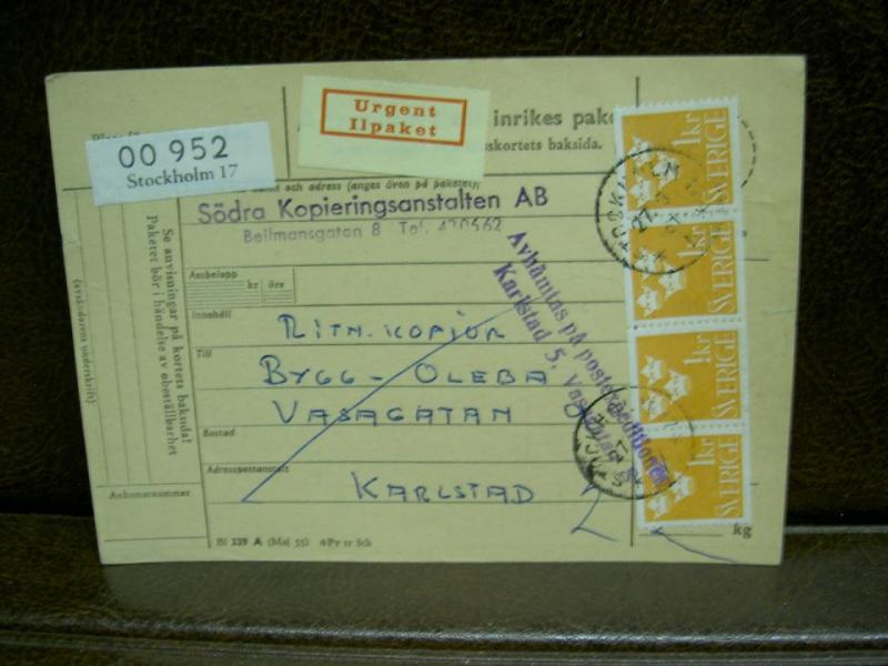 Ilpaket + Paketavi med stämplade frimärken - 1961 - Stockholm 17 till Karlstad