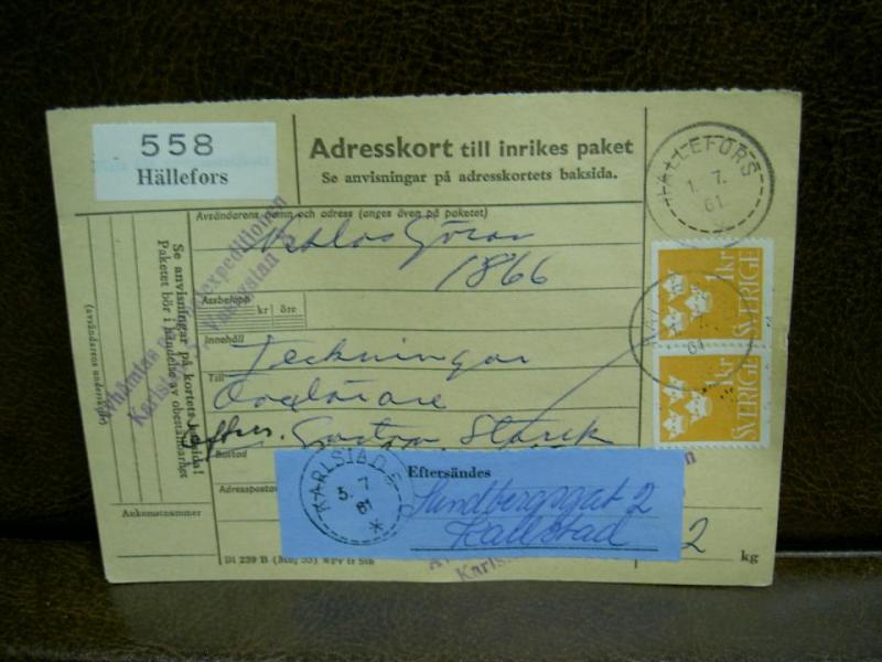Paketavi med stämplade frimärken - 1961 - Hällefors till Karlstad