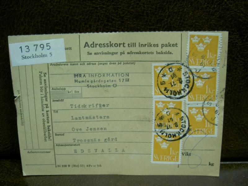 Paketavi med 6st stämplade frimärken - 1961 - Stockholm 5 till Edsvalla