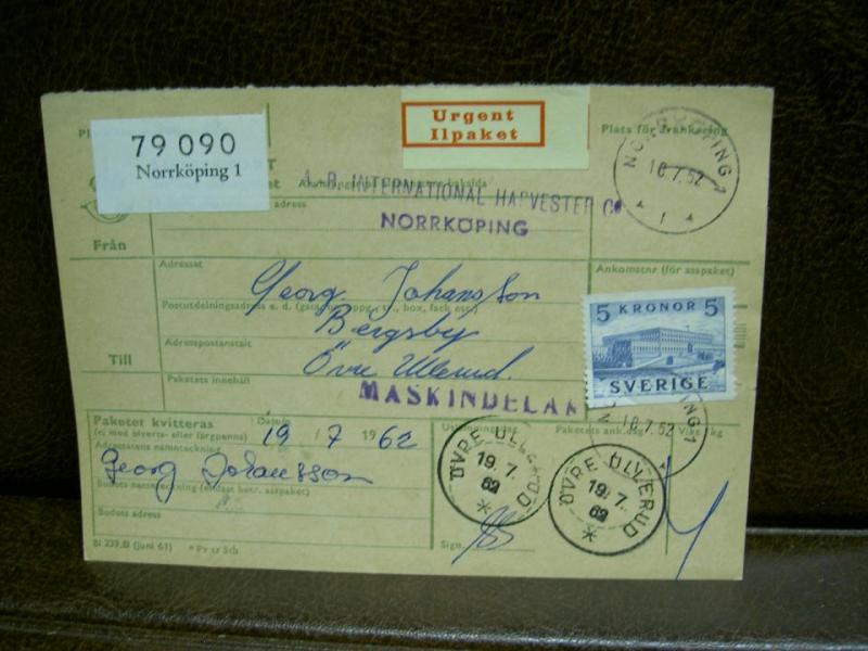 Ilpaket + Paketavi med stämplade frimärken - 1962 - Norrköping 1 till Övre Ullerud