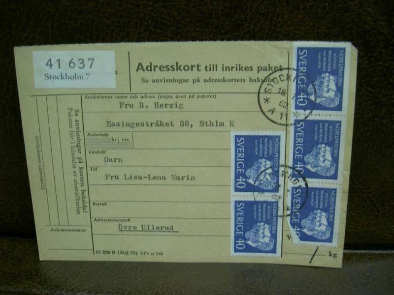 Paketavi med 5 st stämplade frimärken - 1962 - Stockholm 7 till Övre Ullerud