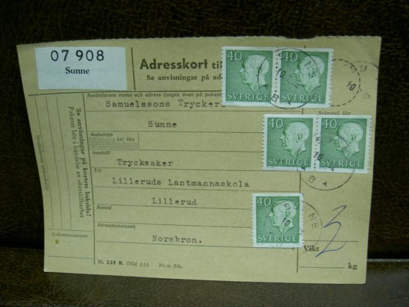Paketavi med 5 st stämplade frimärken - 1962 - Sunne till Norsbron