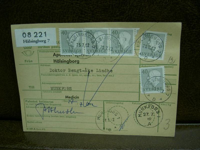 Paketavi med 5 st stämplade frimärken - 1962 - Hälsingborg 7 till Munkfors