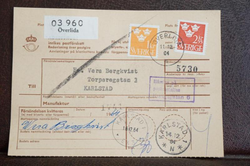 Frimärken på adresskort - stämplat 1964 - Överlida - Karlstad