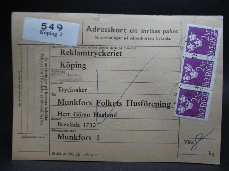 Adresskort med stämplade frimärken - 1962 - Köping till Munkfors
