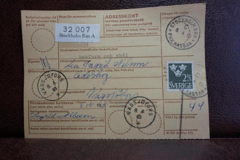 Frimärke på adresskort - stämplat 1963 - Stockholm Ban A - Vägsjöfors