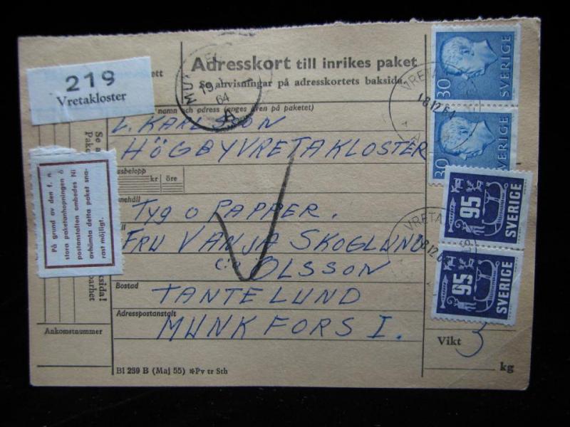 Adresskort med stämplade frimärken - 1964 - Vretakloster till Munkfors