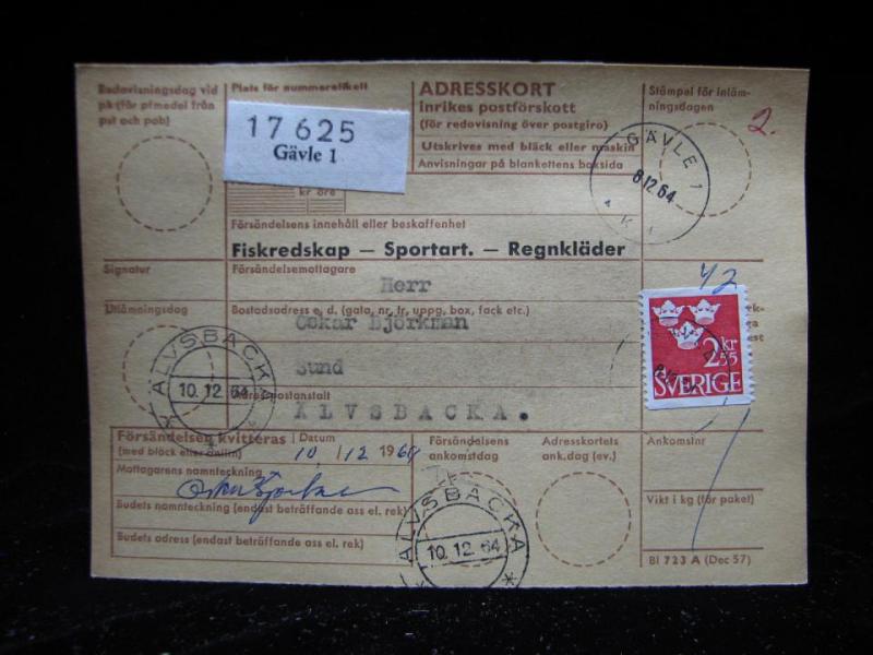 Adresskort med stämplade frimärken - 1964 - Gävle till Älvsbacka