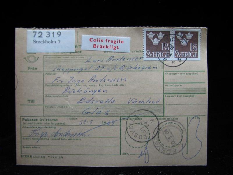 Adresskort med stämplade frimärken - 1964 - Stockholm till Edsvalla