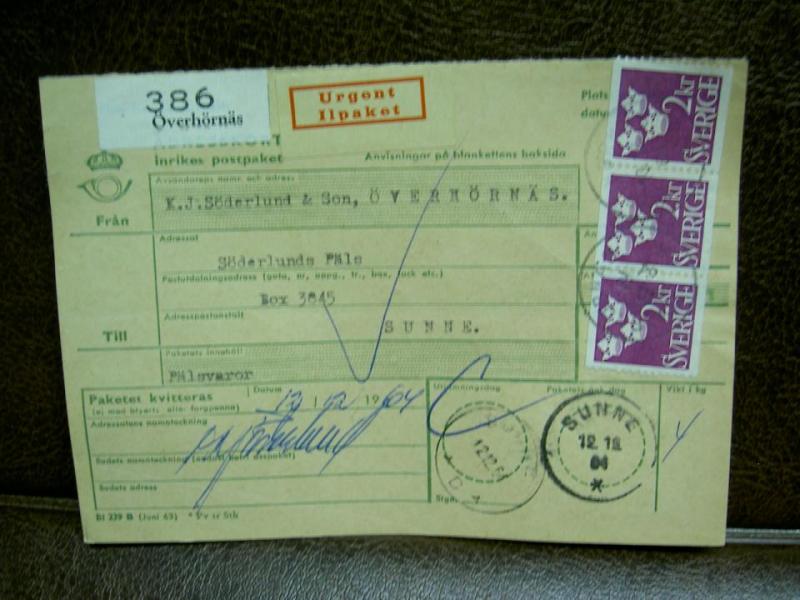 Paketavi med stämplade frimärken + Ilpaket - 1964 - Överhörnäs till Sunne