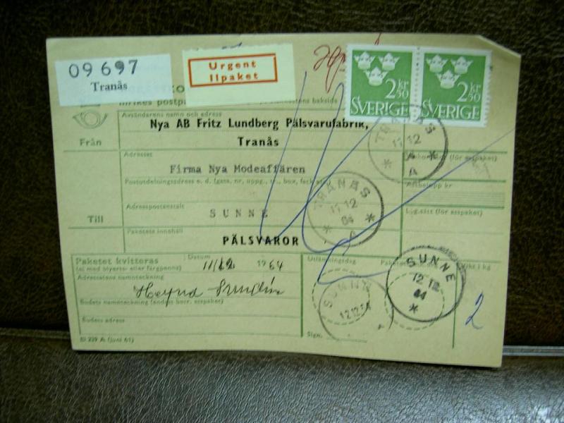 Paketavi med stämplade frimärken + Ilpaket - 1964 - Tranås till Sunne