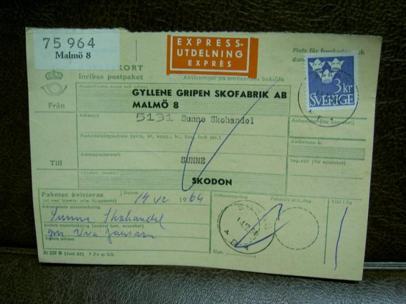 Paketavi med stämplade frimärken + Express - 1964 - Malmö 8 till Sunne