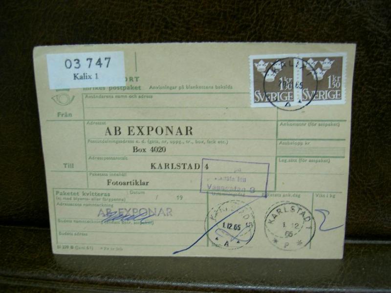 Paketavi med stämplade frimärken - 1965 - Kalix 1 till Karlstad