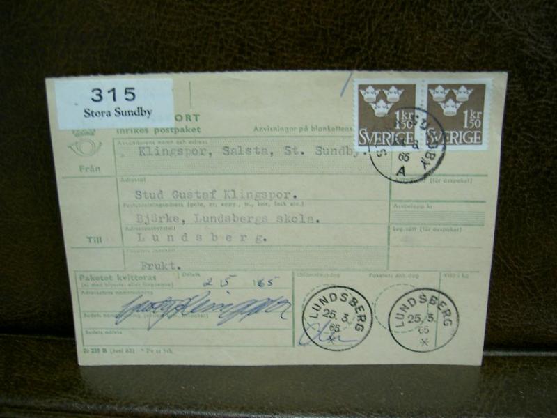 Paketavi med stämplade frimärken - 1965 - Stora Sundby till Lundsberg