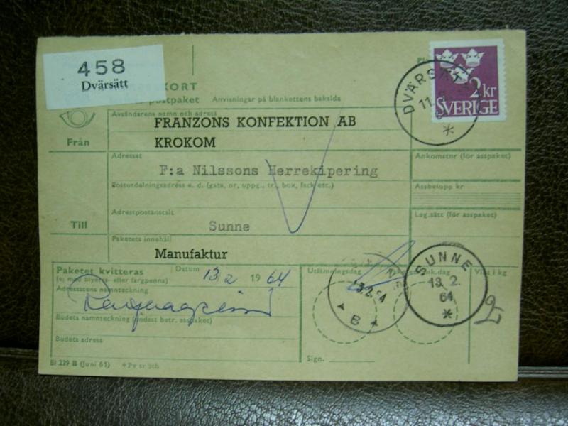 Paketavi med stämplade frimärken - 1964 - Dvärsätt till Sunne
