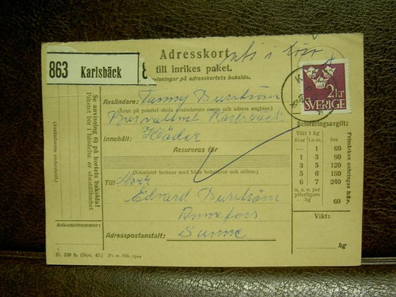 Paketavi med stämplade frimärken - 1964 - Karlsbäck till Sunne