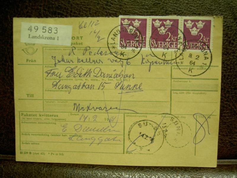 Paketavi med stämplade frimärken - 1964 - Landskrona 1 till Sunne