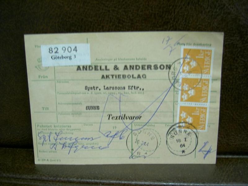 Paketavi med stämplade frimärken - 1964 - Göteborg 1 till Sunne