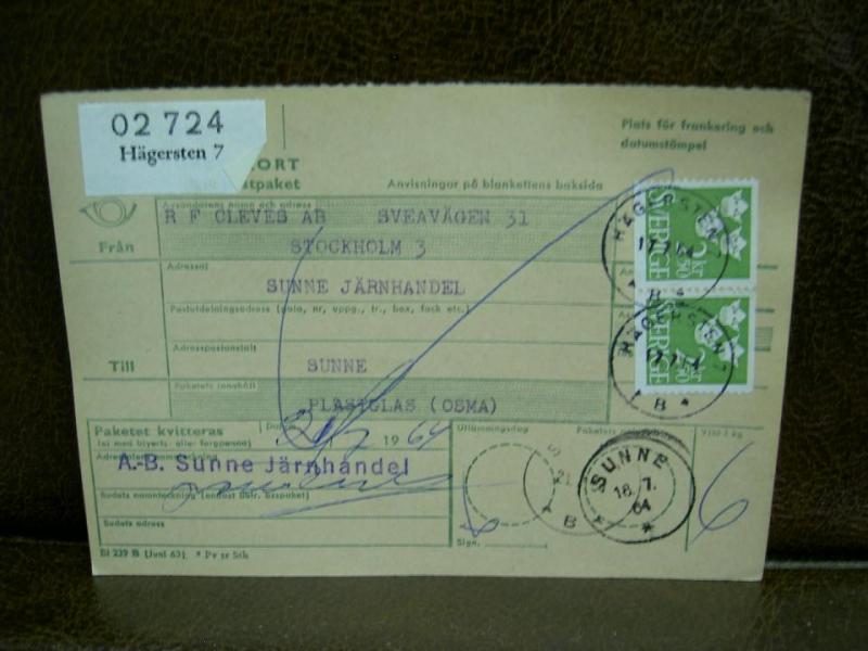 Paketavi med stämplade frimärken - 1964 - Hägersten 7 till Sunne