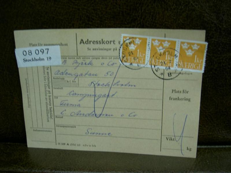 Paketavi med stämplade frimärken - 1964 - Stockholm 19 till Sunne