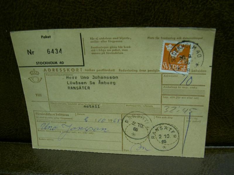 Paketavi med stämplade frimärken - 1965 - Stockholm 40 till Ransäter