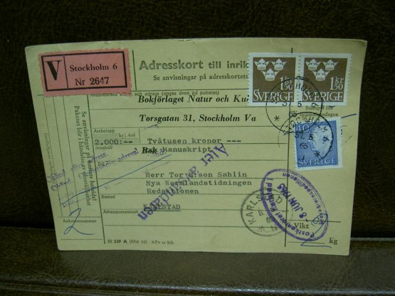 Paketavi med stämplade frimärken - 1965 - Stockholm 6 till Karlstad