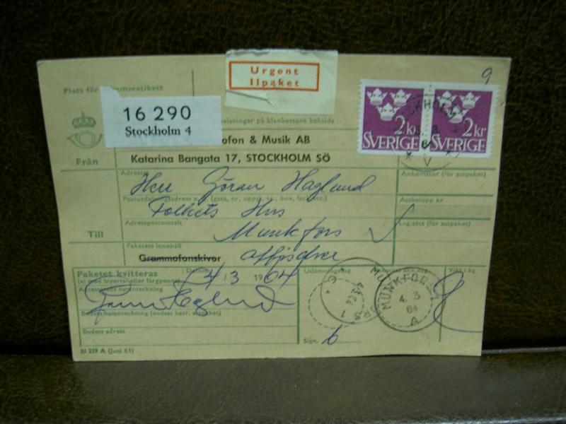 Ilpaket + Paketavi med stämplade frimärken - 1964 - Stockholm 4 till Munkfors 1