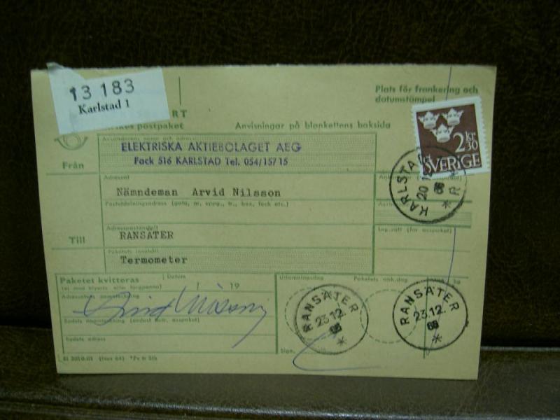 Paketavi med stämplade frimärken - 1965 - Karlstad 1 till Ransäter
