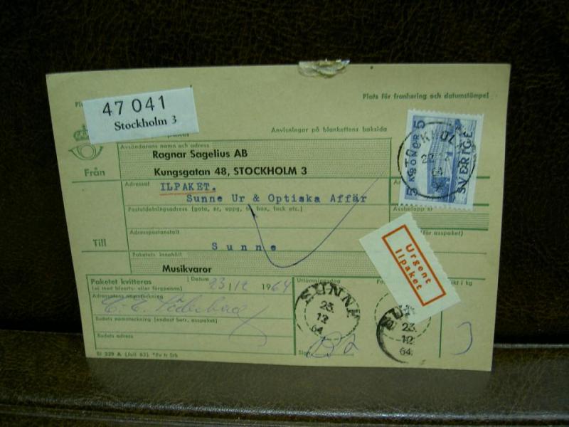 Ilpaket + Paketavi med stämplade frimärken - 1964 - Stockholm 3 till Sunne