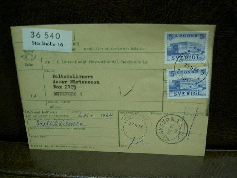 Paketavi med stämplade frimärken - 1964 - Stockholm 16 till Munkfors
