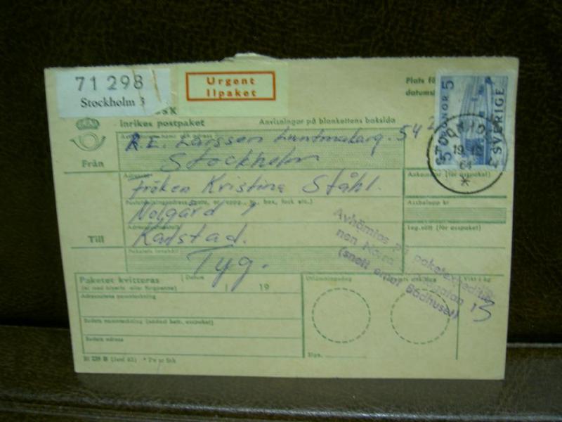 Ilpaket + Paketavi med stämplade frimärken - 1964 - Stockholm 3 till Karlstad
