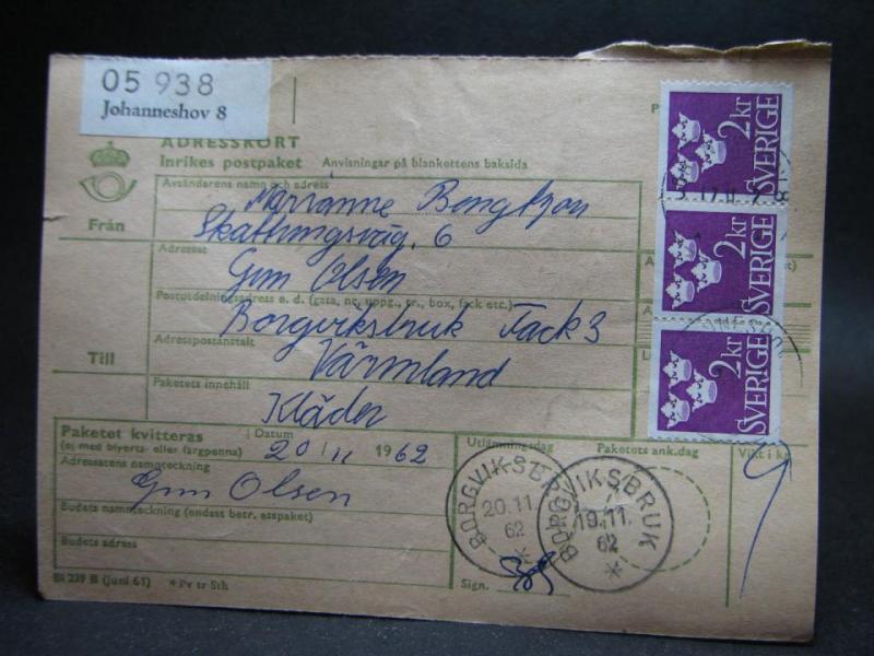Adresskort med stämplade frimärken - 1962 - Johanneshov till Borgviksbruk