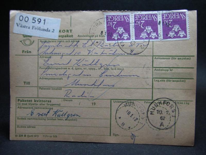 Adresskort med stämplade frimärken - 1962 - Västra Frölunda till Munkfors