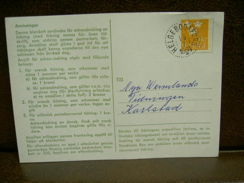 Paketavi med stämplade frimärken - 1964 - Helgebodafors till Karlstad 1